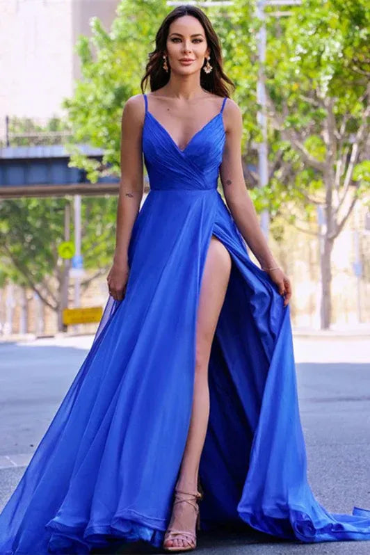 Glamorous A-line Spaghetti Ruched Royal Blue Slit Train Prom Dress For Ladies