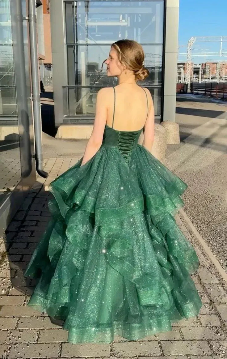 Glamorous A-line Spaghetti Strap Ruffle Tiered Glitter Tulle Green Long Prom Dress