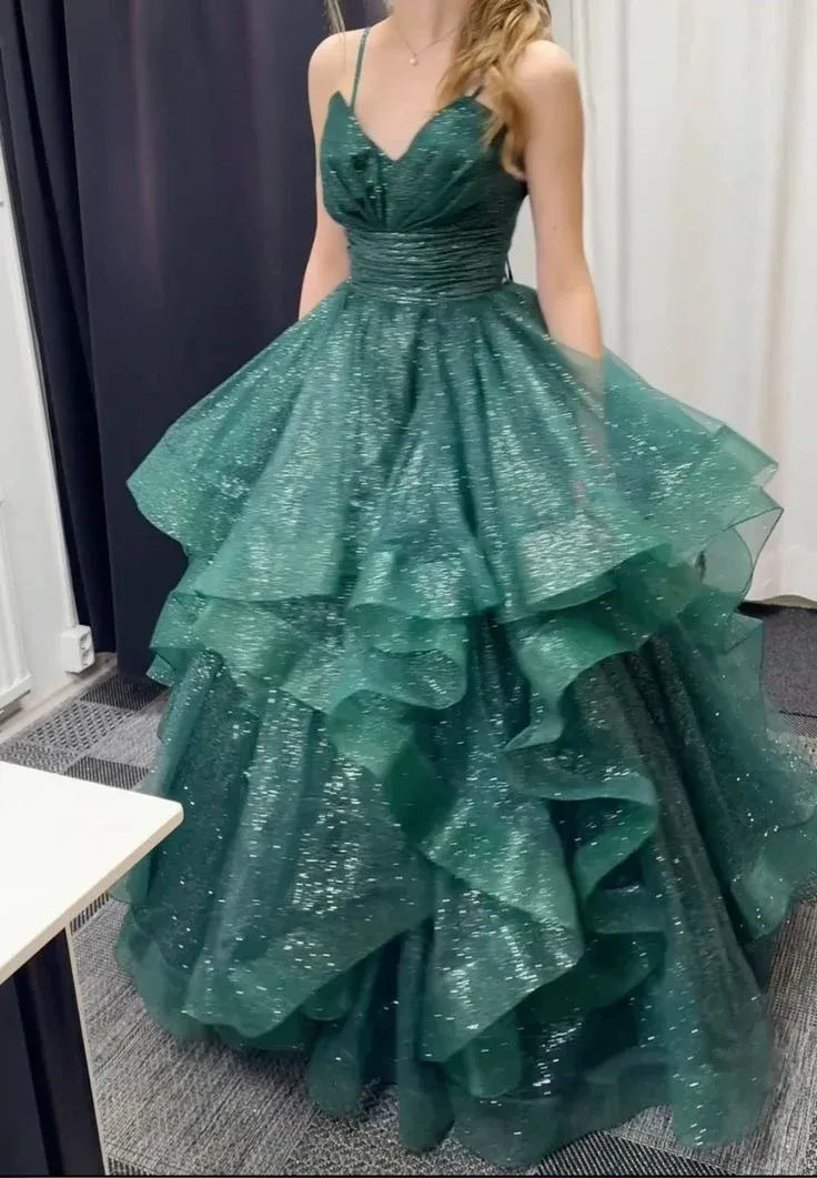 Glamorous A-line Spaghetti Strap Ruffle Tiered Glitter Tulle Green Long Prom Dress