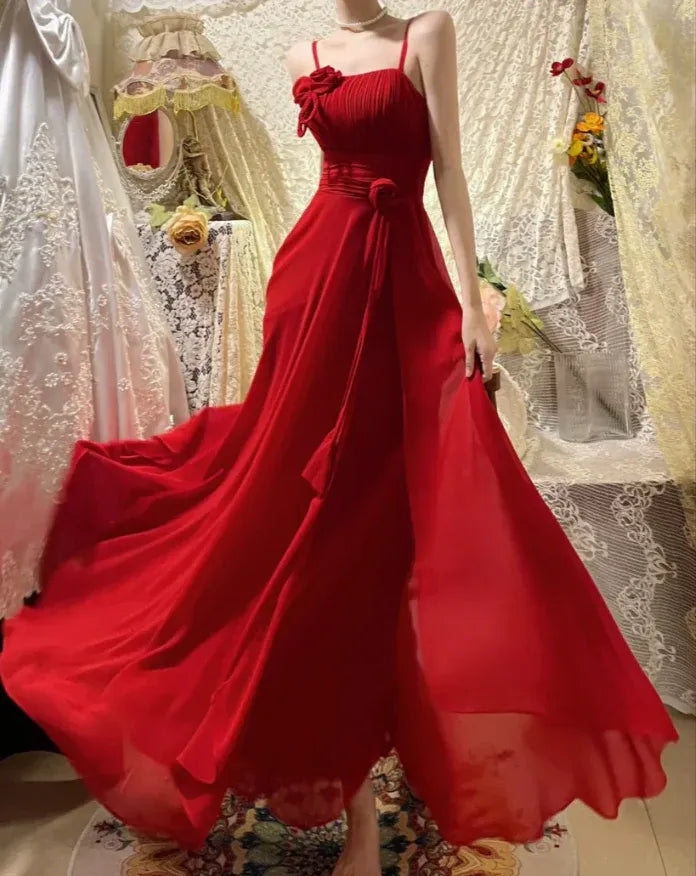 Glamorous A-line Square Neck Sleeveless Ruched Red Maxi Prom Dress for Women Ready to Ship