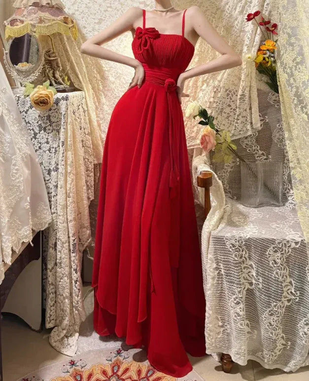 Glamorous A-line Square Neck Sleeveless Ruched Red Maxi Prom Dress for Women Ready to Ship