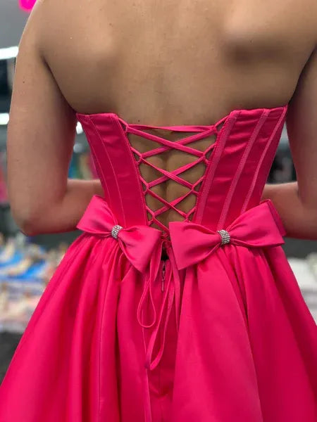 Glamorous A-line Strapless Corset Bow Satin Hot Pink High-Low Prom Dress