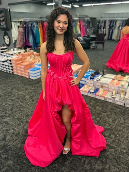 Glamorous A-line Strapless Corset Bow Satin Hot Pink High-Low Prom Dress