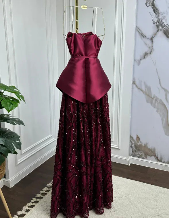 Glamorous A-line Strapless Sleeveless Peplum Sequin Burgundy Maxi Prom Dress for Women Hot Sale