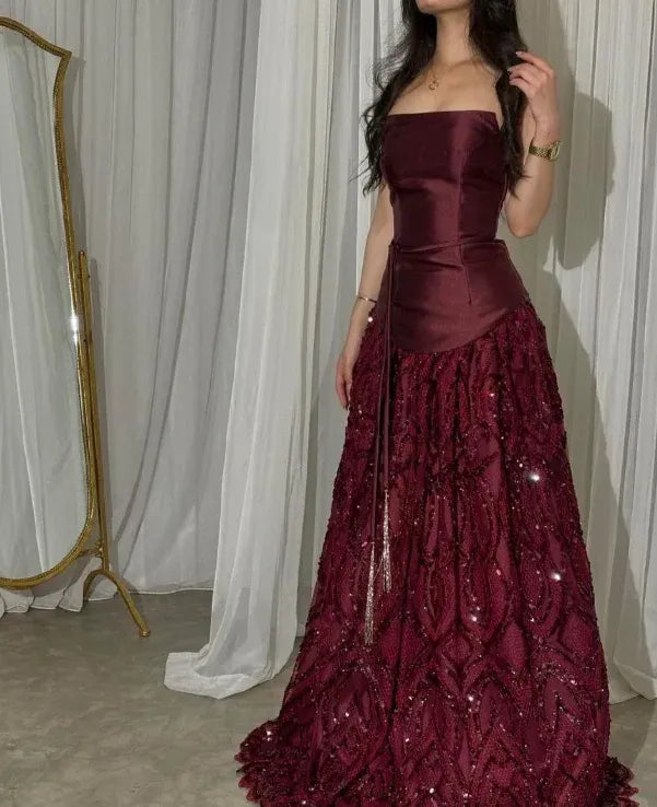 Glamorous A-line Strapless Sleeveless Peplum Sequin Burgundy Maxi Prom Dress for Women Hot Sale