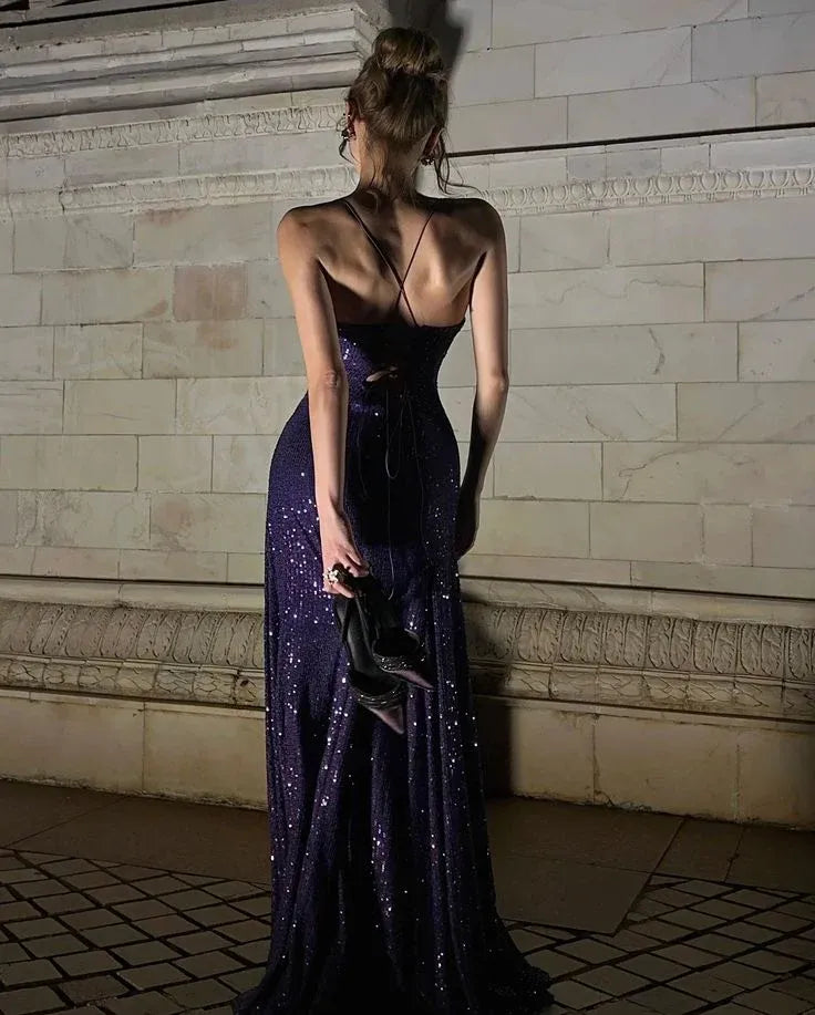 Glamorous A-line V-neck Spaghetti Strap Slit Sequin Purple Long Prom Dress