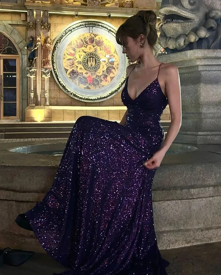 Glamorous A-line V-neck Spaghetti Strap Slit Sequin Purple Long Prom Dress
