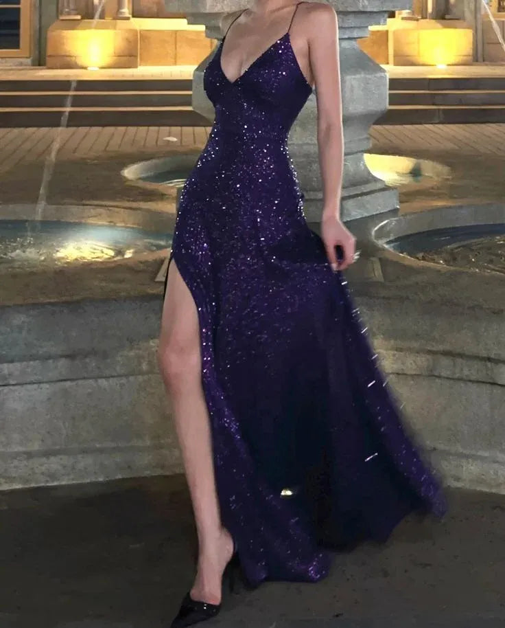 Glamorous A-line V-neck Spaghetti Strap Slit Sequin Purple Long Prom Dress