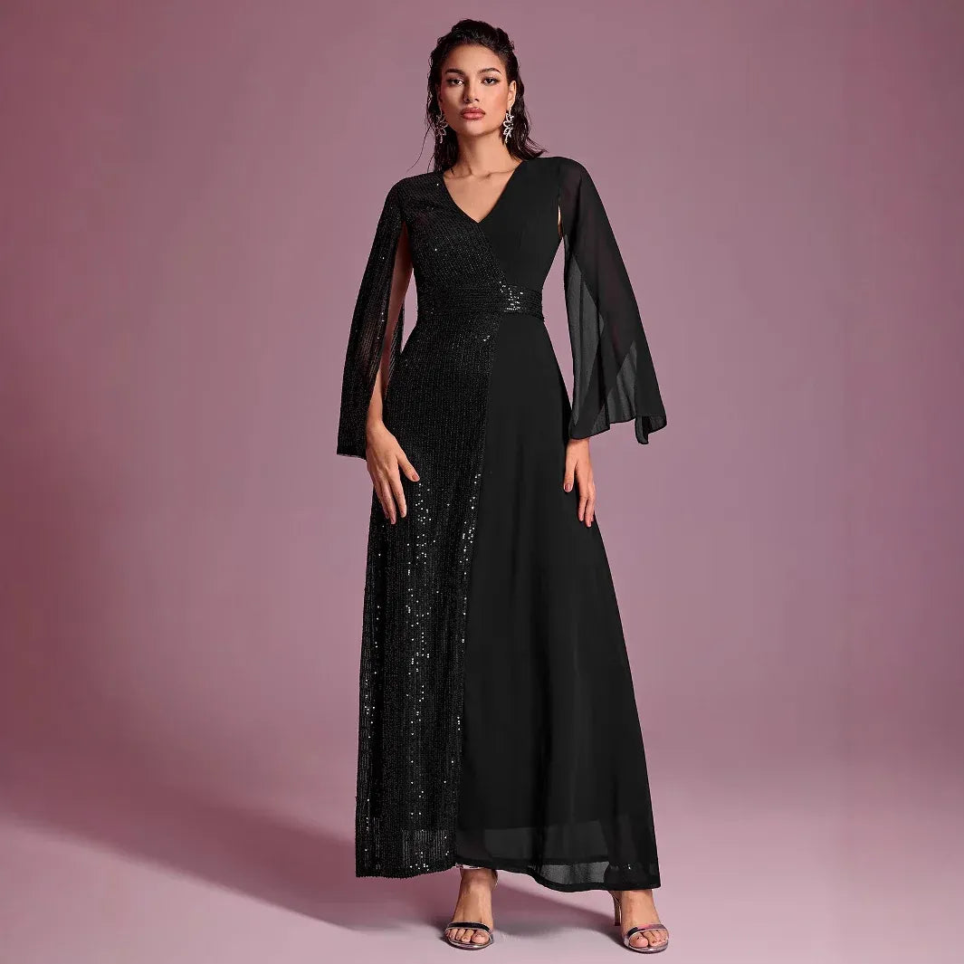 Glamorous A-line V-neck Split-sleeve Sequin Black Maxi Prom Dress for Women Hot Sale