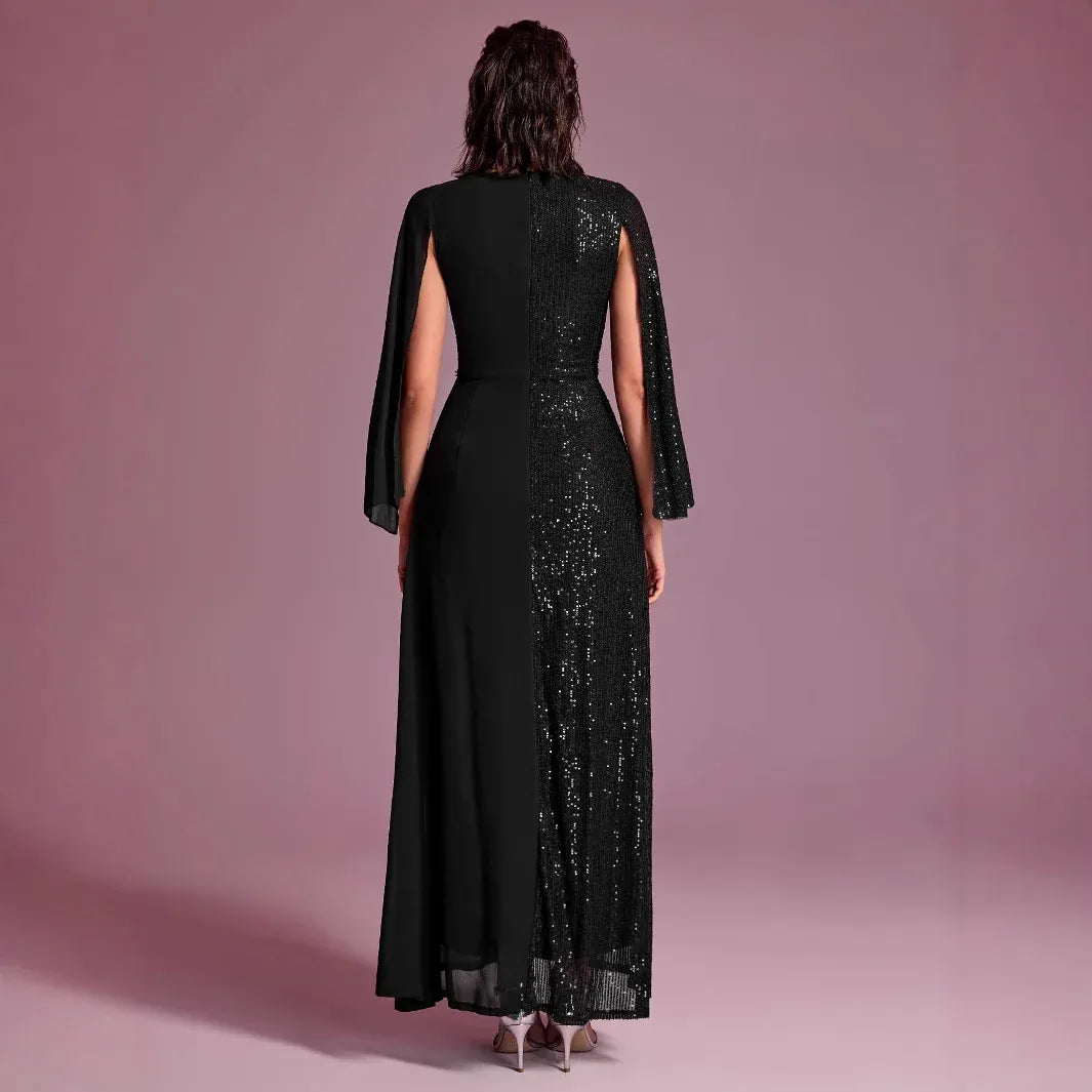 Glamorous A-line V-neck Split-sleeve Sequin Black Maxi Prom Dress for Women Hot Sale
