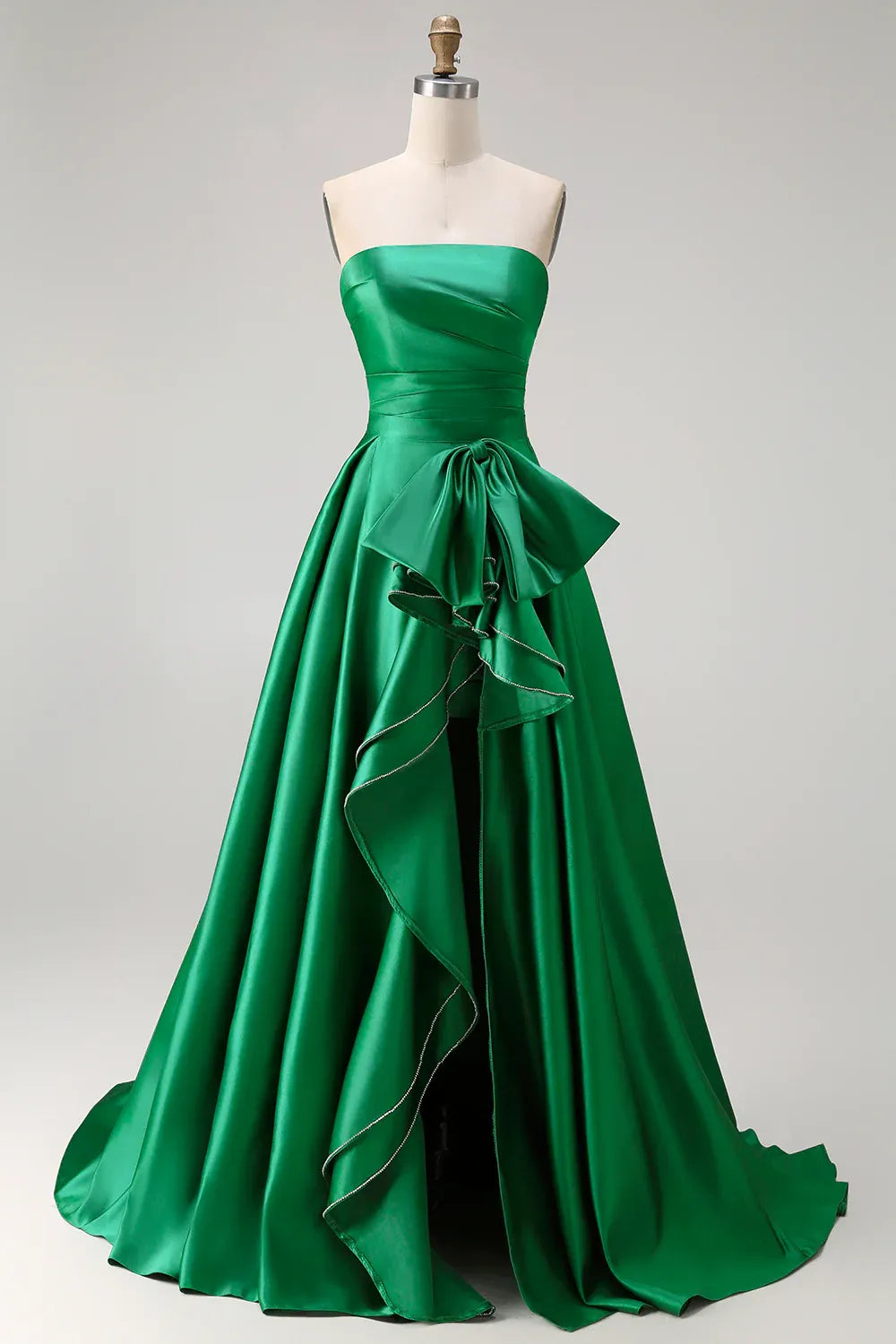 Glamorous A Line Strapless Detachable Bow Ruffled Green Maxi Prom Dress