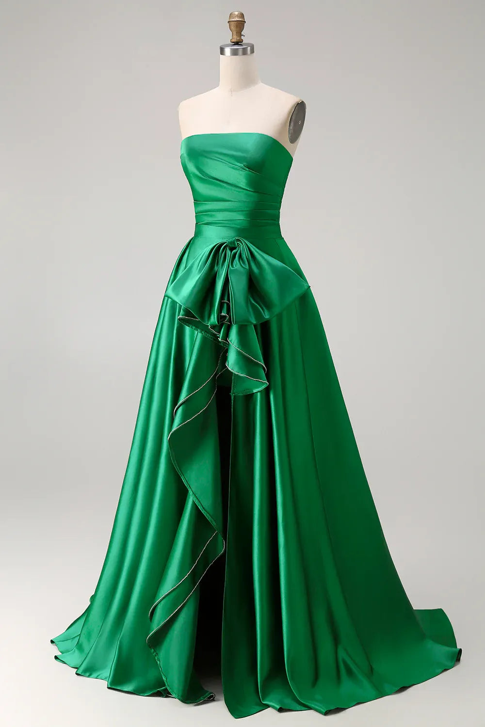 Glamorous A Line Strapless Detachable Bow Ruffled Green Maxi Prom Dress