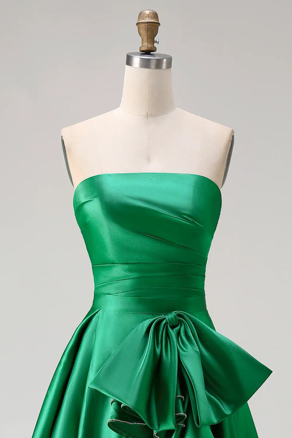 Glamorous A Line Strapless Detachable Bow Ruffled Green Maxi Prom Dress