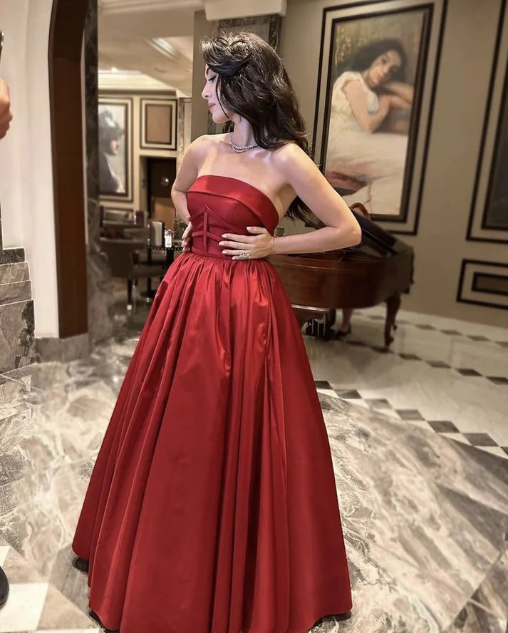 Glamorous A Line Strapless Satin Burgundy Long Evening Dress Prom Dress