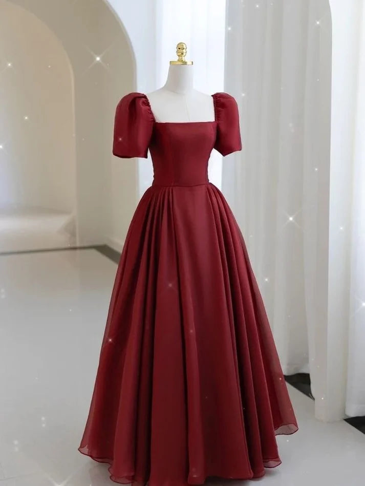 Glamorous A line Square Neck Short Sleeves Wine Chiffon Red Long Evening Dress