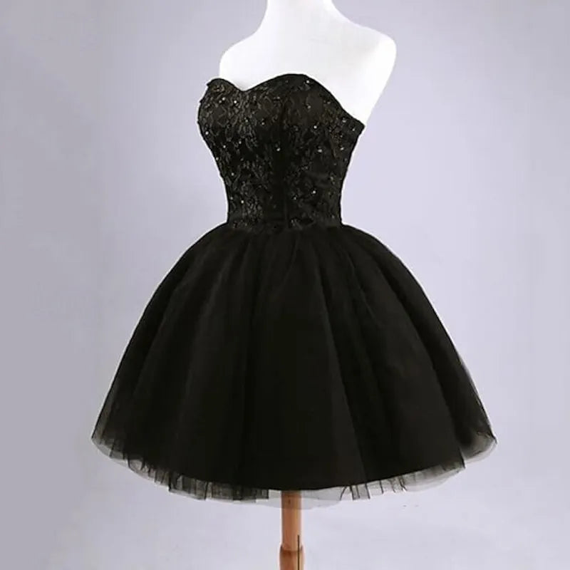 Glamorous Ball-Gown Sweetheart Lace Beaded Black Mini Homecoming Dress
