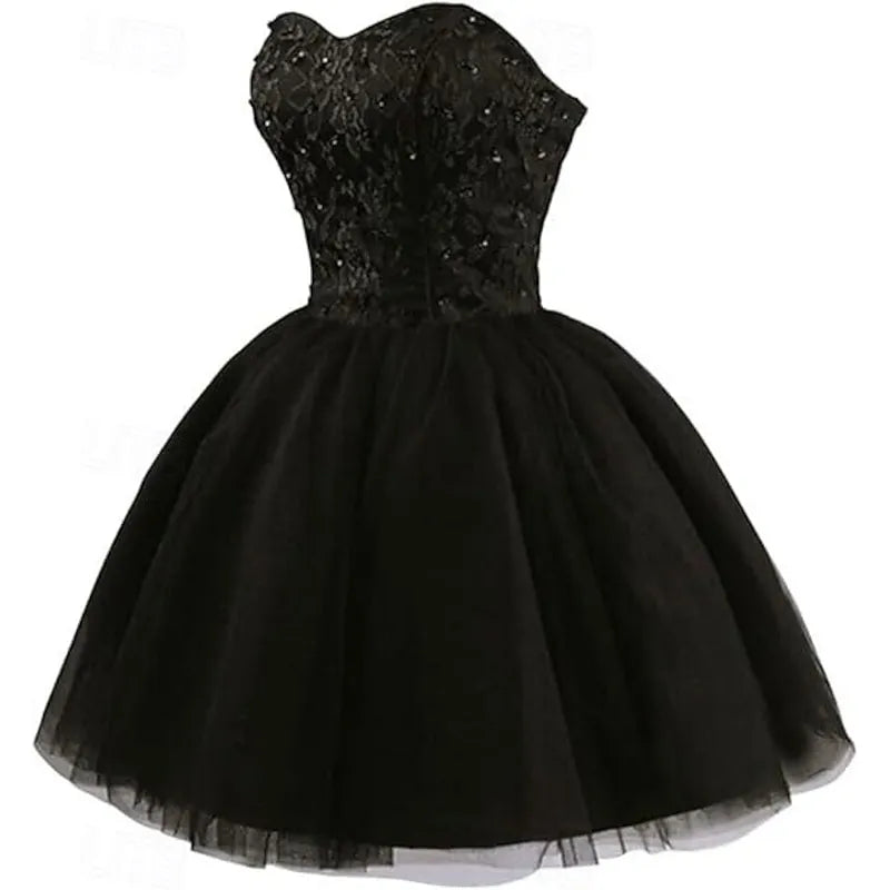 Glamorous Ball-Gown Sweetheart Lace Beaded Black Mini Homecoming Dress