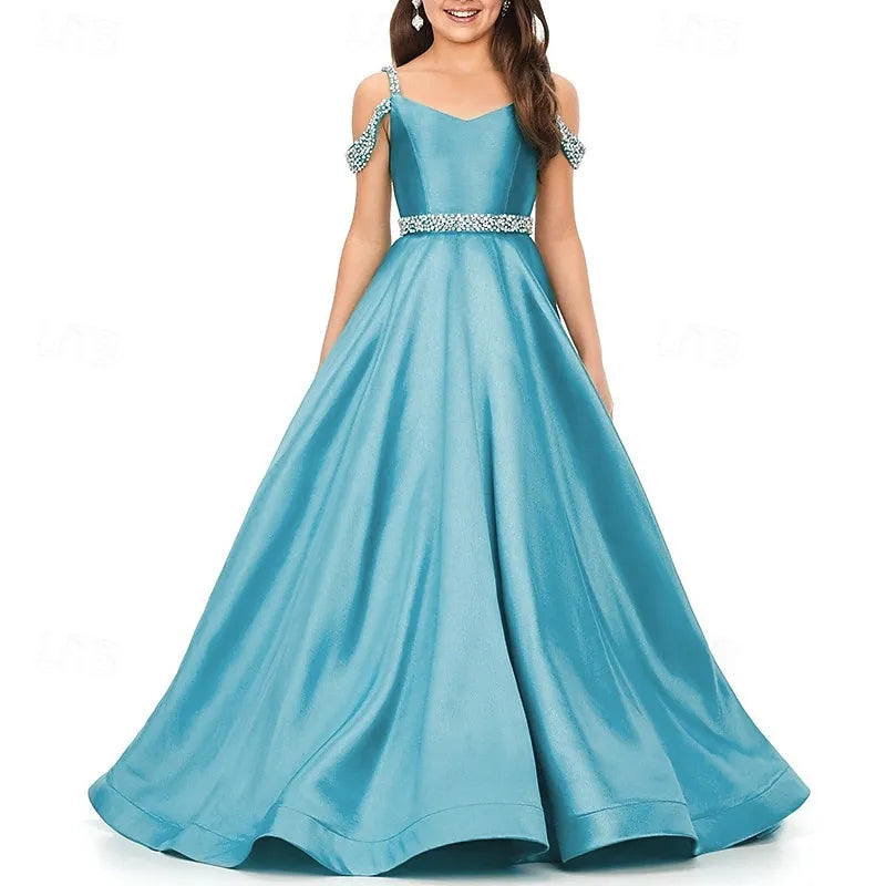 Glamorous Ball Gown Cold-Shoulder Beaded Satin Turquoise Train Prom Dress