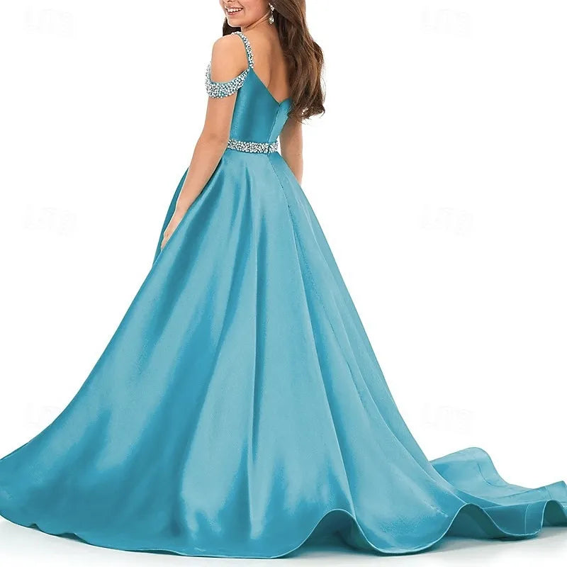 Glamorous Ball Gown Cold-Shoulder Beaded Satin Turquoise Train Prom Dress