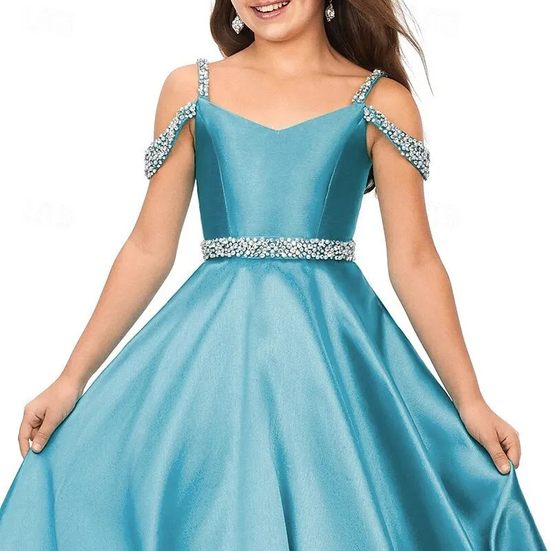 Glamorous Ball Gown Cold-Shoulder Beaded Satin Turquoise Train Prom Dress