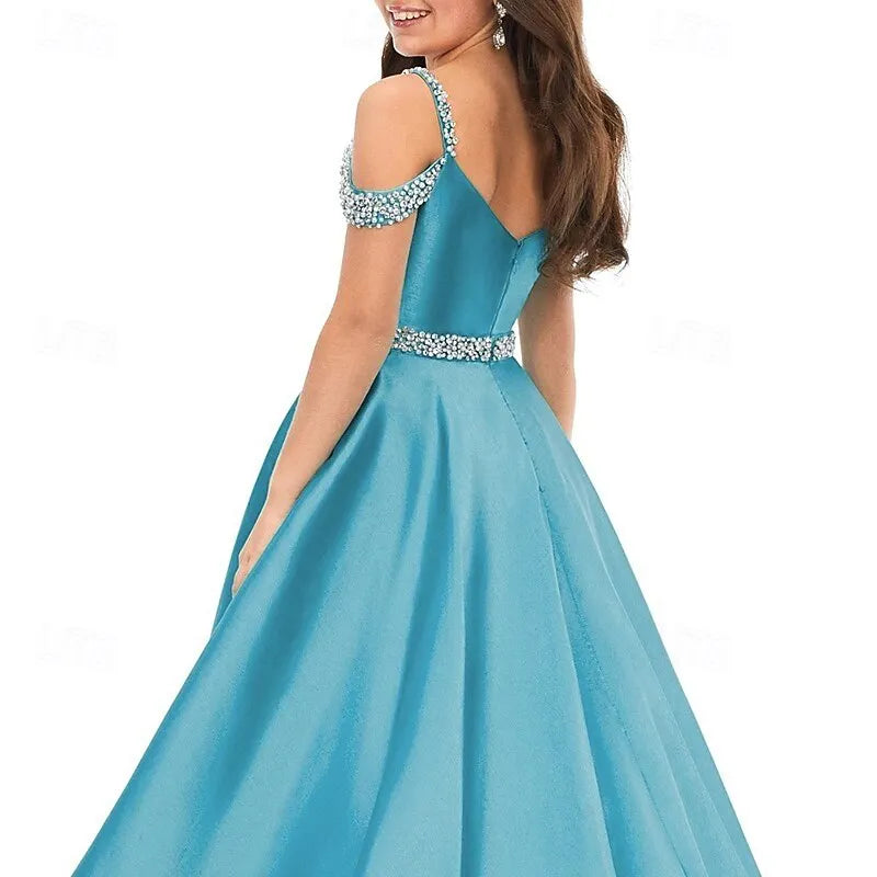 Glamorous Ball Gown Cold-Shoulder Beaded Satin Turquoise Train Prom Dress