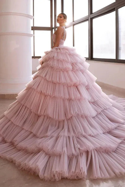 Glamorous Ball Gown Deep V Beaded Tiered Blush Train Prom Dress For Women For Sale