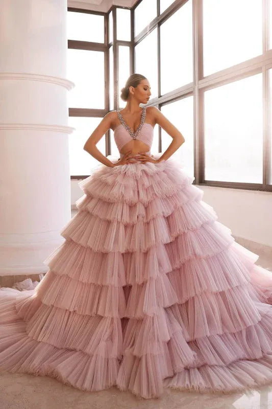 Glamorous Ball Gown Deep V Beaded Tiered Blush Train Prom Dress For Women For Sale