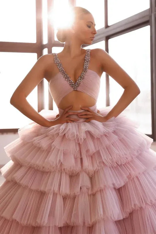 Glamorous Ball Gown Deep V Beaded Tiered Blush Train Prom Dress For Women For Sale