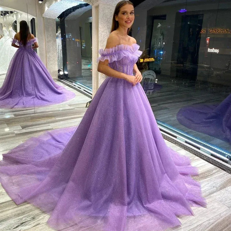 Glamorous Ball Gown Off-shoulder Ruffle Lilac Train Prom Dress For Sale