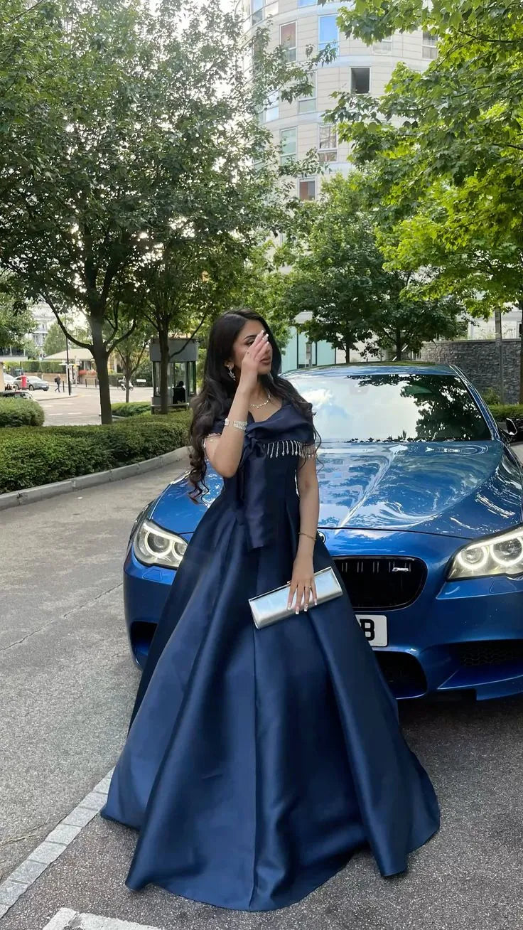 Glamorous Ball Gown Off Shoulder Beaded Navy Floor-Length Prom Dress For Women
