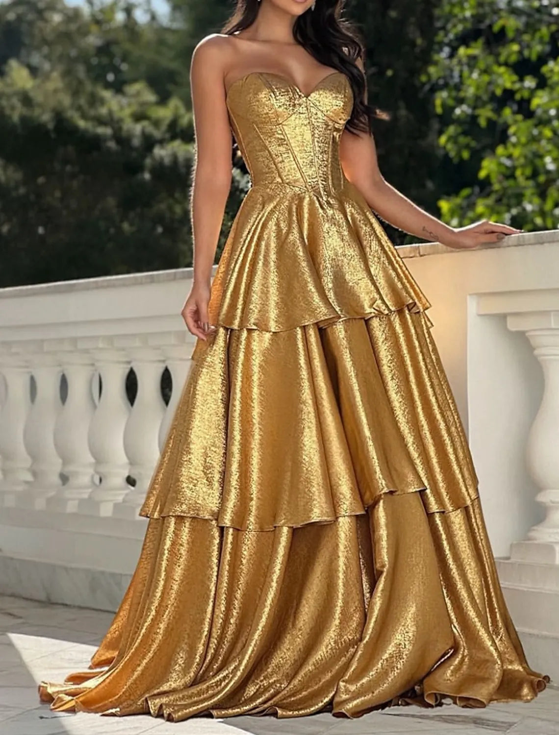 Glamorous Ball Gown Strapless Corset Tiered Gold Floor Length Prom Dress