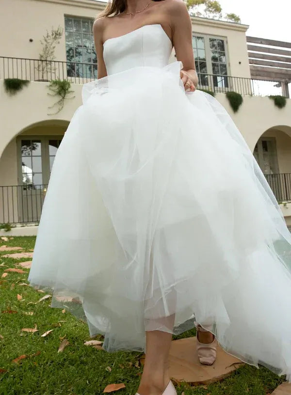 Glamorous Ball Gown Strapless Corset Tulle White Floor-Length Prom Dress For Bride