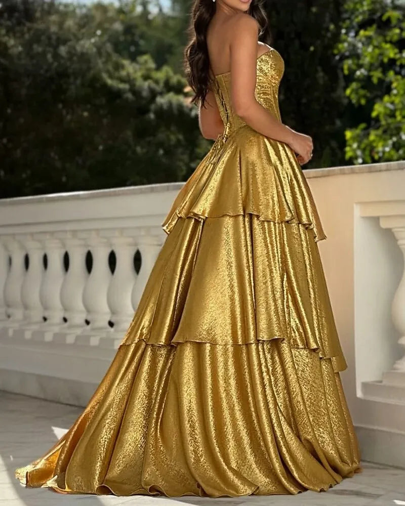 Glamorous Ball Gown Strapless Corset Tiered Gold Floor Length Prom Dress