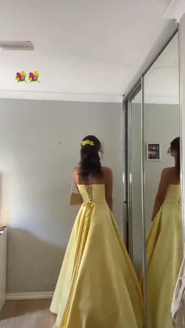 Glamorous Ball Gown Strapless Lace-Up Yellow Floor-Length Prom Dresses