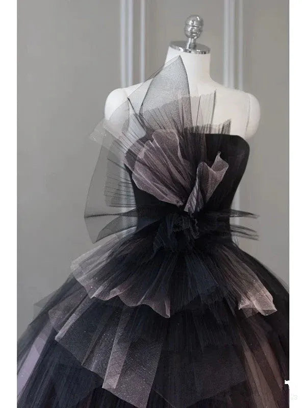 Glamorous Ball Gown Strapless Ruffled Black Ombre Floor-Length Prom Dresses