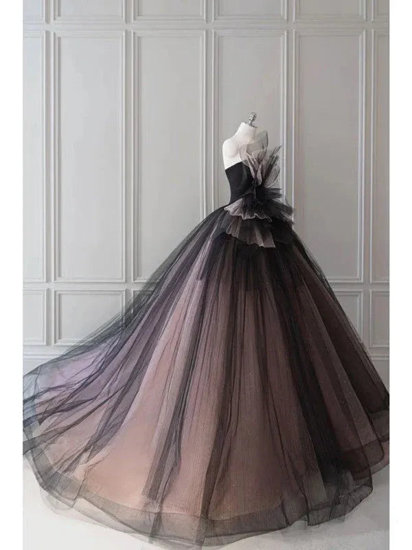 Glamorous Ball Gown Strapless Ruffled Black Ombre Floor-Length Prom Dresses