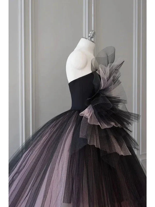 Glamorous Ball Gown Strapless Ruffled Black Ombre Floor-Length Prom Dresses
