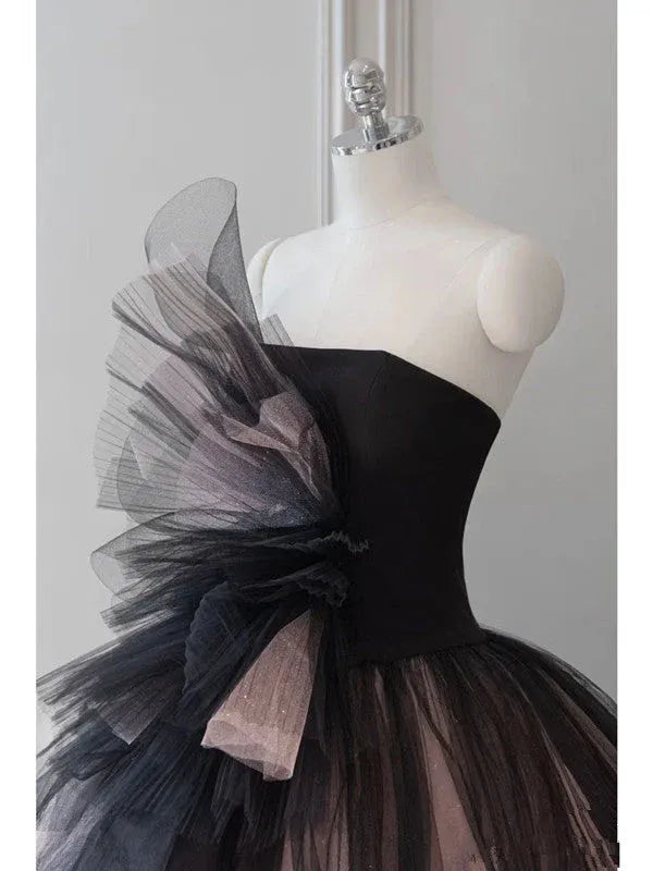 Glamorous Ball Gown Strapless Ruffled Black Ombre Floor-Length Prom Dresses