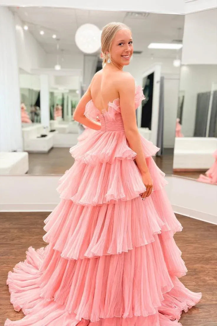 Glamorous Ball Gown Strapless Ruffled Blush Floor-Length Prom Dresses