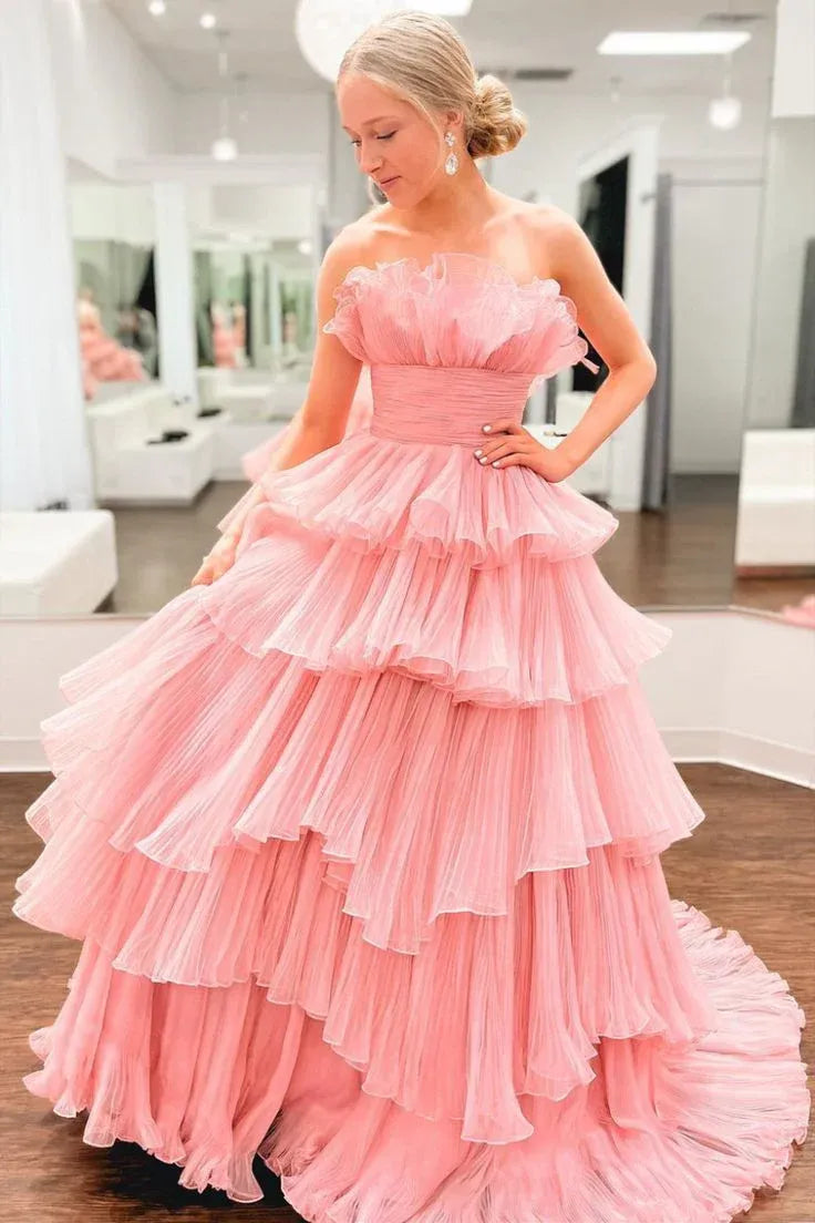 Glamorous Ball Gown Strapless Ruffled Blush Floor-Length Prom Dresses