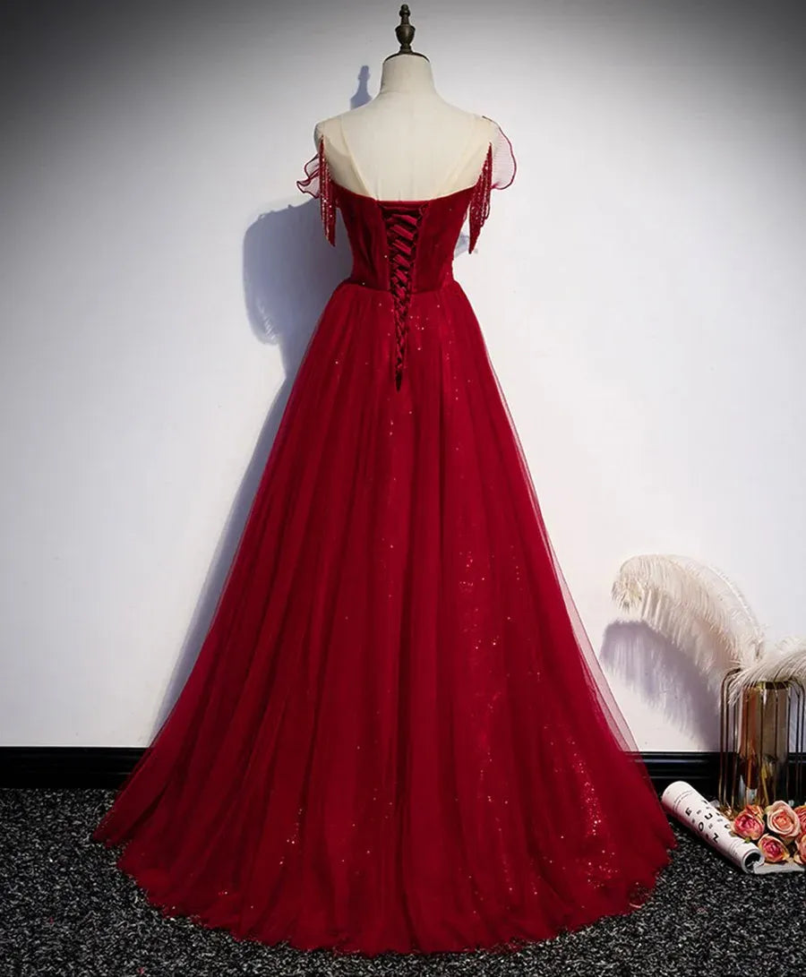 Glamorous Ballgown Off-Shoulder Ruffled Sequin Tulle Burgundy Floor-Length Evening Dress for Women