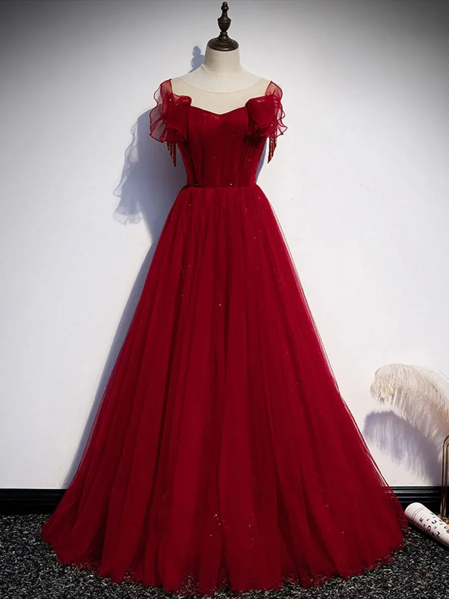 Glamorous Ballgown Off-Shoulder Ruffled Sequin Tulle Burgundy Floor-Length Evening Dress for Women