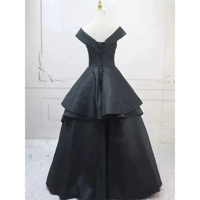 Glamorous Ballgown Off-Shoulder Short-Sleeve Tiered Black Long Prom Dress for Women Ready to Ship