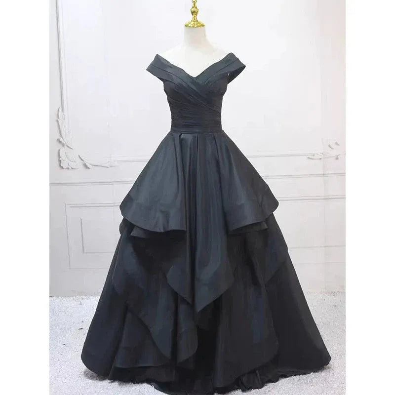 Glamorous Ballgown Off-Shoulder Short-Sleeve Tiered Black Long Prom Dress for Women Ready to Ship