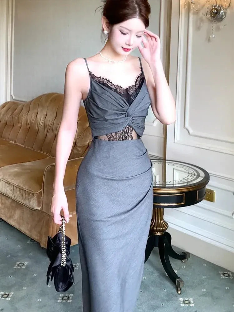 Glamorous Bodycon Sweetheart Neck Sleeveless Lace Grey Midi Prom Dress for Women Hot Sale