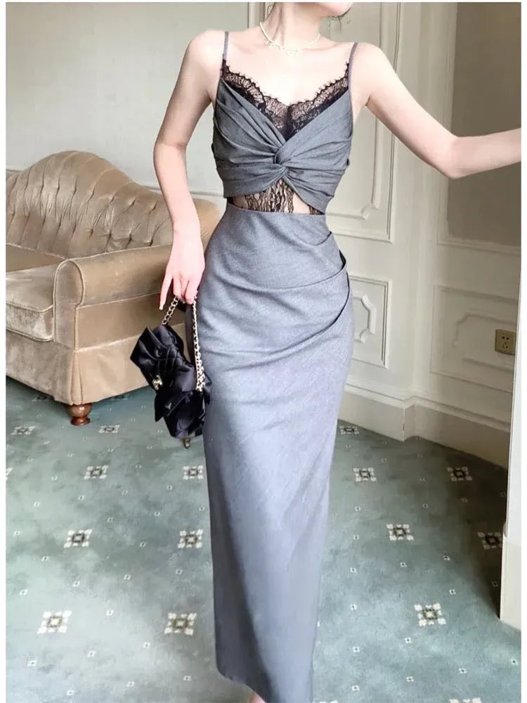 Glamorous Bodycon Sweetheart Neck Sleeveless Lace Grey Midi Prom Dress for Women Hot Sale