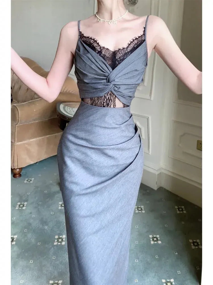 Glamorous Bodycon Sweetheart Neck Sleeveless Lace Grey Midi Prom Dress for Women Hot Sale