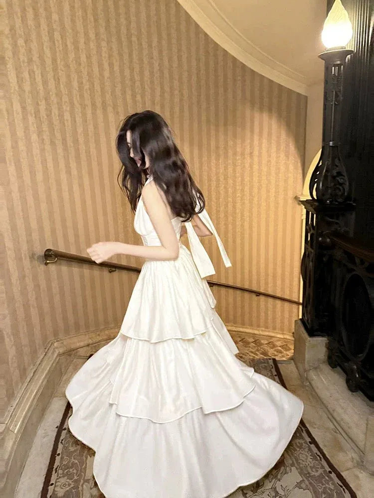 Glamorous Flared Strapless Tiered Ivory Floor-Length Prom Dress for Women
