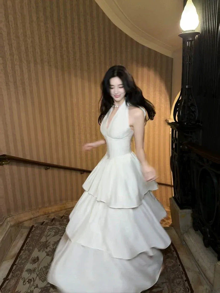 Glamorous Flared Strapless Tiered Ivory Floor-Length Prom Dress for Women