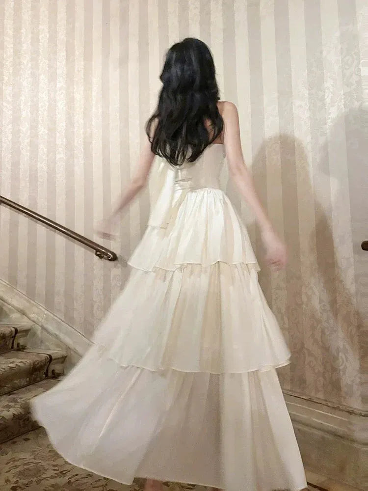 Glamorous Flared Strapless Tiered Ivory Floor-Length Prom Dress for Women